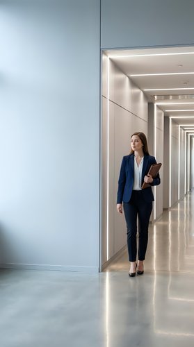 Professional businesswoman walking through modern office corridor with tablet, corporate environment with clean architectural design and bright lighting.