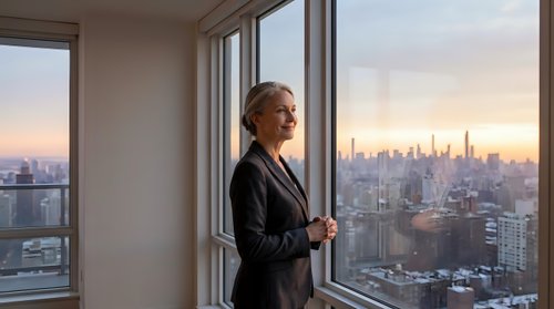 Professional businesswoman in suit looking out office window at city skyline during sunset, corporate success and leadership concept for workplace motivation.