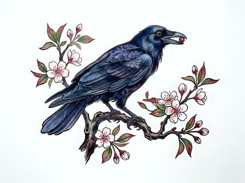 Dark blue raven perched on flowering branch with pink blossoms and green leaves, isolated on white background for design, apparel, and clipart use.