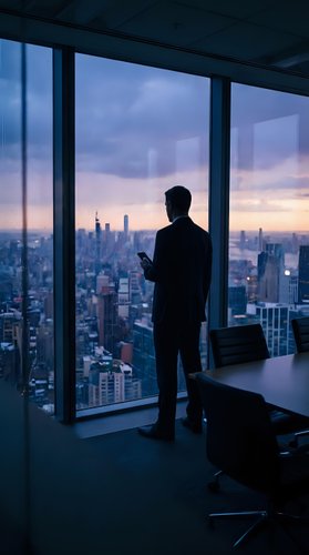 Business executive silhouette standing at office window overlooking city skyline at sunset, holding smartphone in modern corporate workspace.