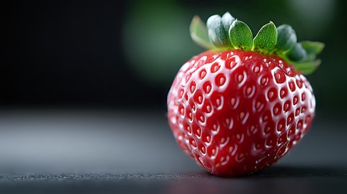 Fresh ripe strawberry with green leaves on dark background, macro shot showing detailed texture and seeds, soft natural lighting for food photography.