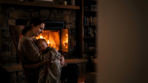 Young mother holding sleeping newborn baby by warm fireplace in cozy living room during evening hours creating peaceful family bonding moment at home.