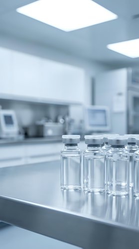 Medical vials in sterile laboratory environment for pharmaceutical research and drug development in modern healthcare facility.