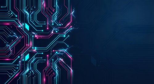 Futuristic circuit board with glowing neon lines in cyan and magenta colors on dark blue background for technology and digital innovation concepts.