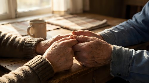 Elderly couple holding hands across table in warm sunlight, showing love, care and companionship in golden hour lighting with coffee and newspaper nearby.