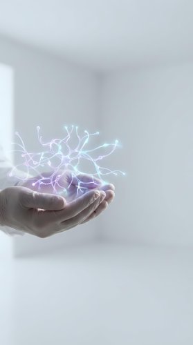 Hands holding glowing network connections with purple and blue light effects representing digital connectivity and technology innovation concepts.