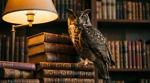 Majestic owl perched on vintage books in classic library setting with warm lamp light and wooden bookshelves creating scholarly atmosphere for education themes.