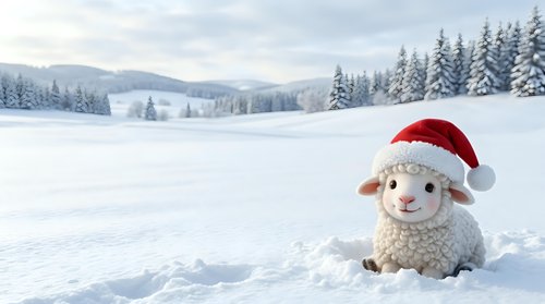 Cute sheep wearing red Santa hat sitting in snowy winter landscape with evergreen forest and mountains in background, festive holiday seasonal decoration.