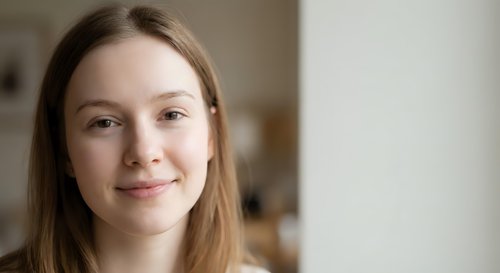 Young Caucasian woman with long brown hair smiling warmly at camera in bright indoor setting for lifestyle and portrait photography projects.