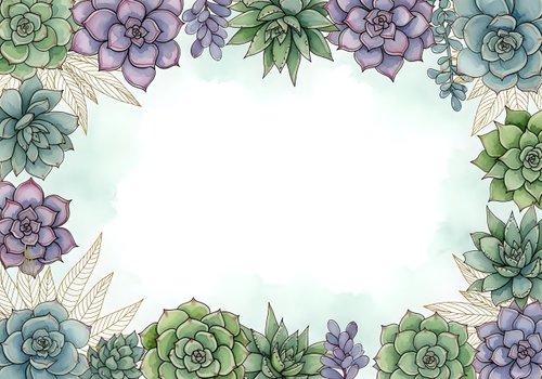 Watercolor succulent frame with green and purple plants creating decorative border on white background for wedding invitations and botanical designs.