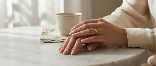 Woman hands with wedding ring resting on marble table next to coffee cup in soft morning light creating peaceful domestic moment.