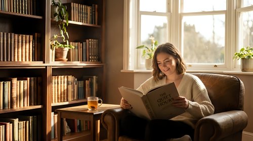 Young Caucasian woman reading book in cozy home library with wooden bookshelves and warm natural light streaming through window creating peaceful atmosphere.