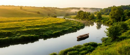 Peaceful river landscape with moored boat among lush green fields and trees at golden hour, suitable for travel and nature backgrounds.