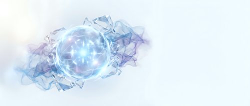 Abstract blue crystal sphere with flowing energy waves and light effects on white background for digital art and futuristic design projects.