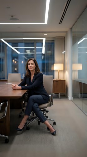 Professional businesswoman sitting at conference table in modern corporate office with glass walls and contemporary lighting for business meetings.