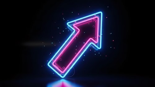 Glowing neon arrow pointing upward with vibrant pink and blue lights against dark starry background for business growth and success concepts.