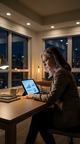 Middle-aged woman with gray hair and glasses working on laptop at desk in modern office at night, analyzing financial data and charts for business analytics and corporate work.