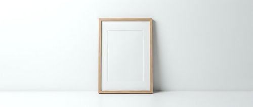 Empty wooden frame mockup with white mat leaning against minimalist wall for artwork display and interior design projects.