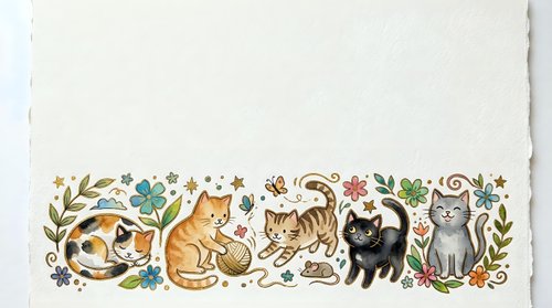 Adorable cats with floral elements on textured paper background. Cute feline illustrations surrounded by decorative botanical motifs and flowers.