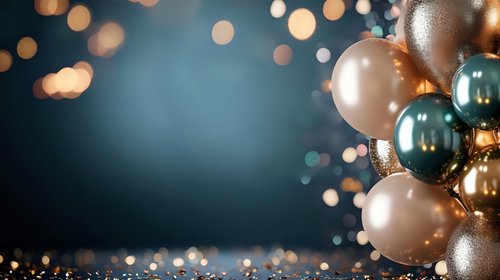 Festive arrangement of metallic teal and gold balloons with glowing bokeh lights on dark background, creating elegant party or celebration atmosphere.