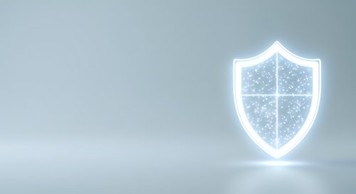 Glowing neon shield with security grid pattern on neutral background, representing data protection, cybersecurity, and digital safety for tech and business applications.