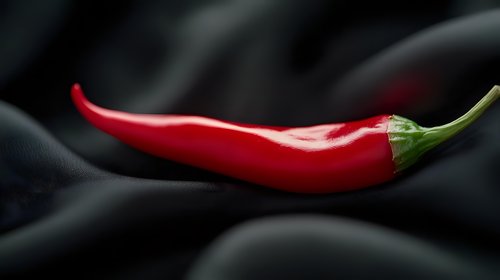 Fresh red chili pepper on dark background with dramatic lighting and shallow depth of field, highlighting vibrant color and smooth texture.