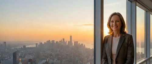 Middle-aged woman with shoulder-length brown hair and light skin tone, wearing professional business attire with a blazer, standing by floor-to-ceiling windows overlooking a sprawling cityscape at sunset. Corporate office setting.