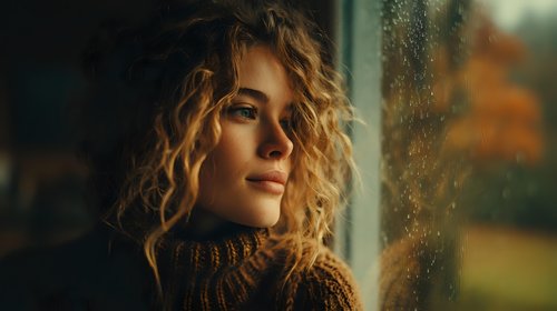 Young blonde woman with curly hair in cozy sweater looking through rain-covered window with warm autumn light creating intimate atmospheric mood.
