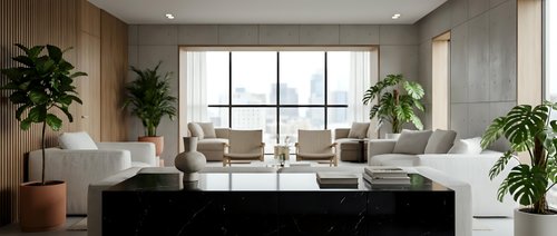 Modern minimalist living room interior with neutral beige sofa, black coffee table, large windows and green plants for contemporary home design.