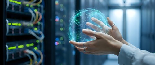 Hands holding glowing digital globe in server room environment, representing global network connectivity, data transfer, and cloud computing technology for business solutions.