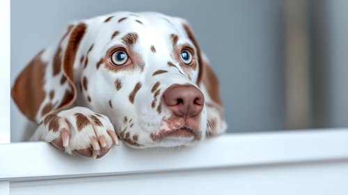 Close up portrait of brown and white spotted Dalmatian dog with bright blue eyes resting head on white surface, looking up with innocent expression.
