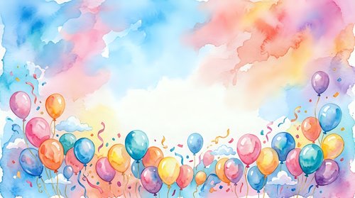 Watercolor celebration background with colorful balloons and confetti creating festive party atmosphere for greeting cards and event invitations.