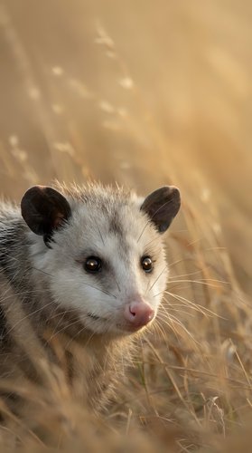 Adorable opossum portrait in golden autumn grass with warm sunlight creating natural wildlife photography for educational and nature content.