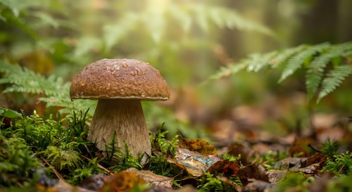 Brown cap mushroom growing in lush green forest moss with sunlight filtering through ferns creating natural woodland atmosphere for nature photography.