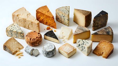 Assorted gourmet cheese collection featuring aged cheddar, blue cheese, brie, gouda and artisanal varieties on white background for culinary design.
