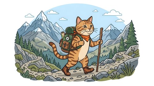 Adventurous orange tabby cat hiking in mountain landscape with backpack and walking stick, surrounded by evergreen trees, rocky terrain, and snow-capped peaks under blue sky with clouds. Isolated clipart suitable for t-shirts, prints, and design projects.