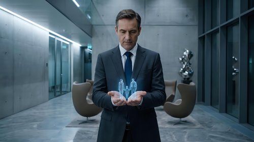 Middle-aged Caucasian businessman in dark suit holding glowing holographic projection in modern corporate office lobby with futuristic lighting and design.