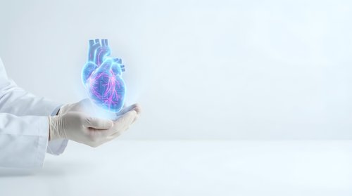Medical professional holding holographic human heart model in hands wearing white coat against clean background for healthcare technology concepts.