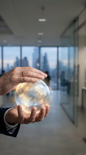 Businessman holding glowing crystal sphere in modern office with city skyline view through windows, symbolizing innovation, future vision, and business strategy planning.