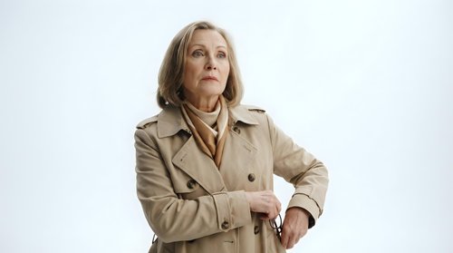 Mature woman with shoulder-length blonde hair and fair complexion wearing a beige trench coat, looking upward thoughtfully against white background for business and lifestyle use.