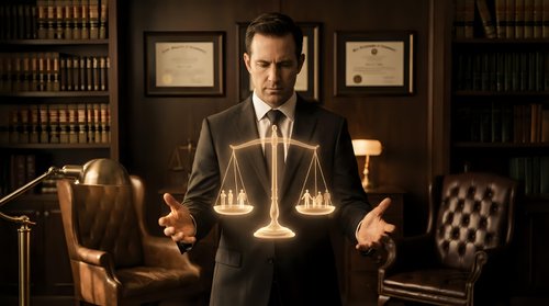 Professional male lawyer in dark suit holding golden scales of justice in elegant law office with leather furniture and legal books on shelves behind him.