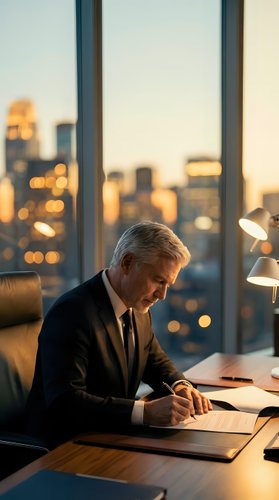 Senior executive businessman writing documents at office desk during golden hour with city skyline view through windows for corporate presentations.