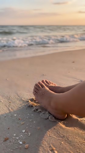 Bare feet relaxing on sandy beach at sunset with gentle waves and golden light creating peaceful vacation atmosphere for wellness and travel concepts.