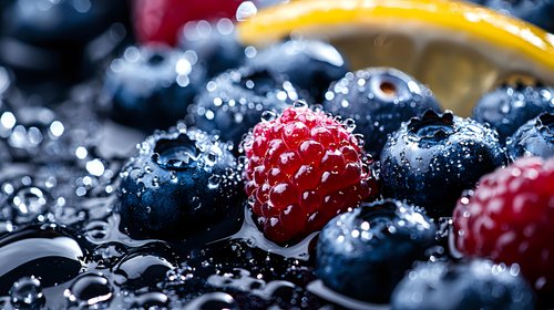 Fresh blueberries and raspberries with water drops in macro shot, vibrant colors and bokeh background for healthy eating and food photography concept.