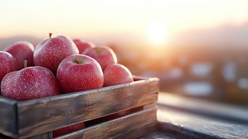 Fresh red apples covered in morning dew drops stacked in rustic wooden crate against sunrise background, selective focus creates dreamy harvest atmosphere.