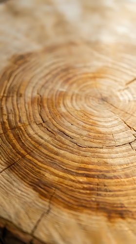 Close-up of natural wood grain showing annual growth rings and texture on cut tree trunk surface for organic design projects and rustic backgrounds.