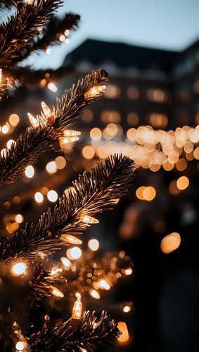 Warm golden lights illuminate evergreen branches creating magical holiday atmosphere with bokeh background for festive seasonal celebrations and decorations.