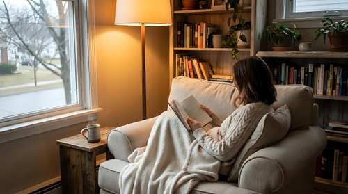 Young woman reading book on comfortable armchair in cozy home library corner with warm lamp light, bookshelves and window view creating peaceful atmosphere.