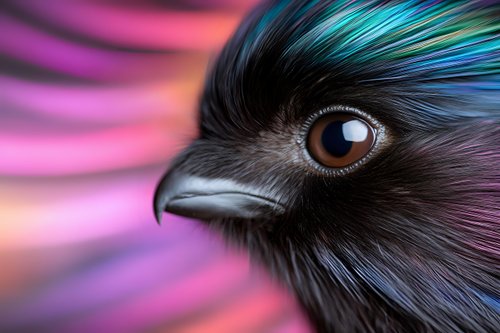 Close-up macro shot of black bird eye and beak against vibrant pink and turquoise blurred background, showing detailed feathers and natural brown iris.