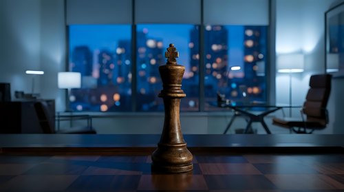 Golden chess queen on executive desk with city skyline view through office windows at night, representing strategy, leadership, and business success.